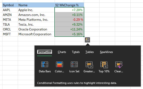Excel Data Bars selection dialog