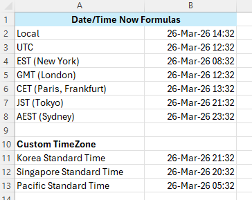 Excel Now formulas for different time zones including UTC, EST and GMT